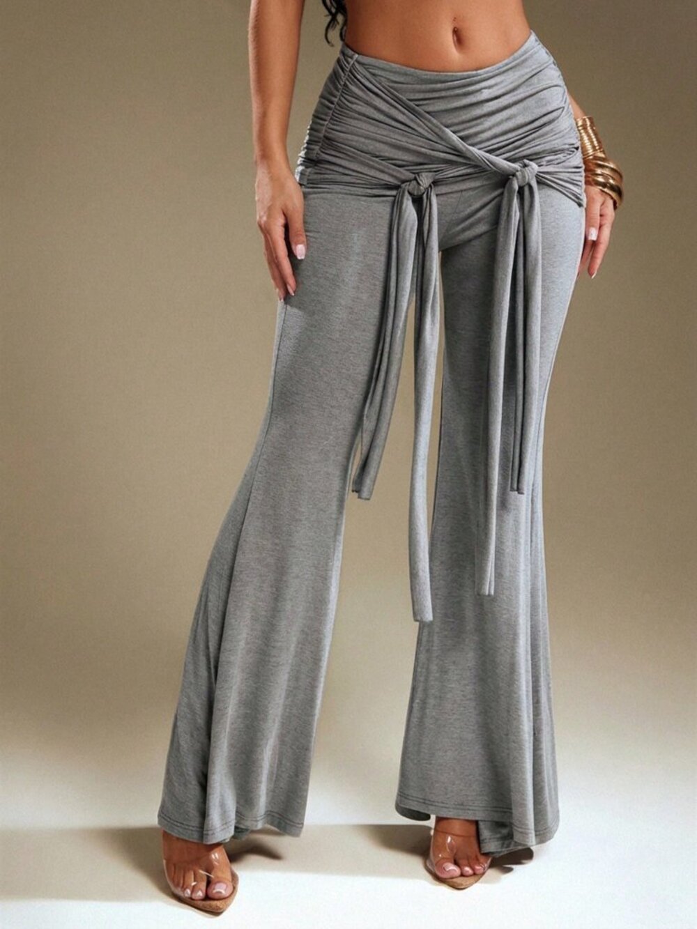 Grey Casual Women's Tie Waist Flared Pants Streetwear Statement Pants